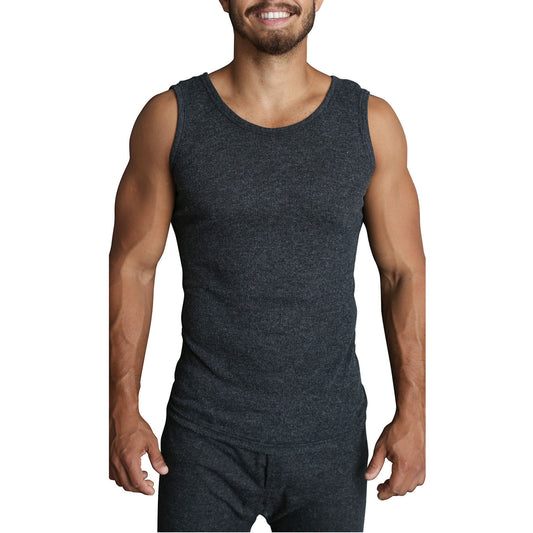 Mens THERMAL Merino Wool Blend Singlet Top Sleeveless Warm Underwear - Black - Black - L