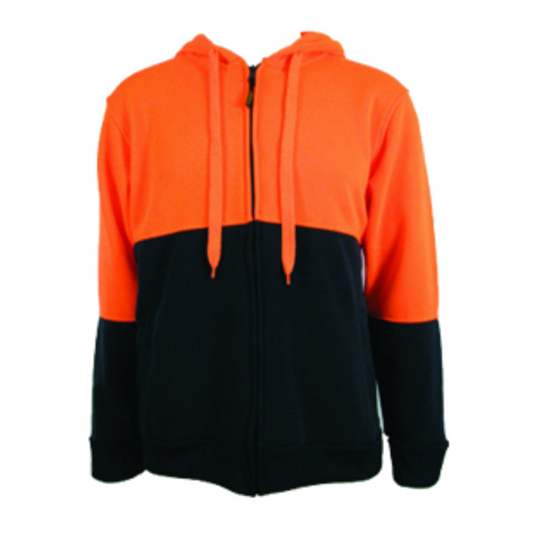 HI VIS Jumper Full Zip Hoodie Safety Workwear Fleecy Fleece Jacket Hooded - Orange/Navy - 3XL