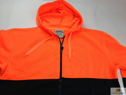 HI VIS Jumper Full Zip Hoodie Safety Workwear Fleecy Fleece Jacket Hooded - Orange/Navy - S