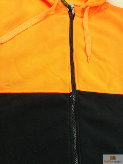 HI VIS Jumper Full Zip Hoodie Safety Workwear Fleecy Fleece Jacket Hooded - Orange/Navy - S