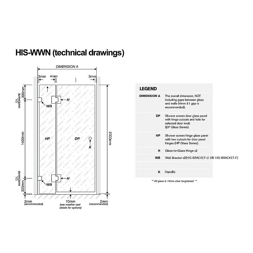 90cm Wall to Wall Frameless Shower Screen with White Brackets and SS Hinges
