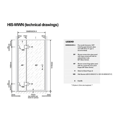 90cm Wall to Wall Frameless Shower Screen with White Brackets and SS Hinges