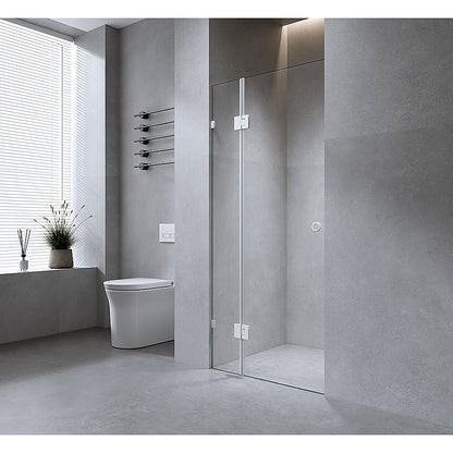 90cm Wall to Wall Frameless Shower Screen with White Brackets and SS Hinges