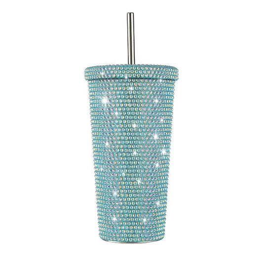 Blue Diamond-Inlaid Insulated 304 Stainless Steel Cup with Straw - Double-Walled, Rhinestone Coffee Mug, Gift Cup for Beverages