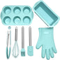 Green 7-Piece Silicone Bakeware Set with Whisk, Spatula, Brush, Gloves, and Cake Molds for Home Baking
