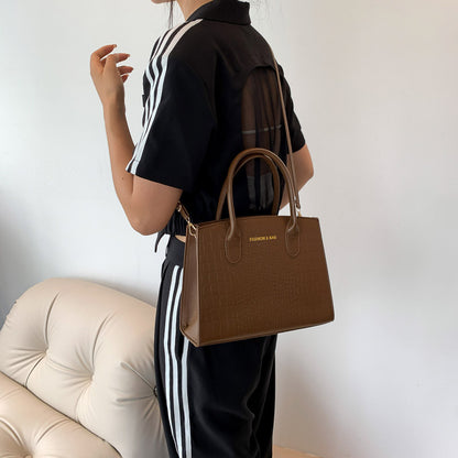 Brown Elegant Faux Crocodile Leather Handbag - Stylish Tote Bag with Adjustable Strap