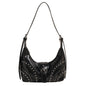 Black Vintage Studded PU Leather Shoulder Bag with Adjustable Strap