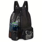 Black Mesh Drawstring Backpack - Lightweight Sports and Beach Bag with Pockets