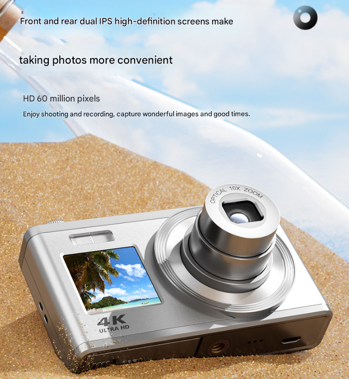 White 4K Ultra HD Digital Camera with 10X Optical Zoom - Compact Dual-Screen Vlogging Camera