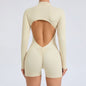 L Beige Backless Scrunch Butt Workout Jumpsuit - Long-Sleeve Open-Back Yoga Romper