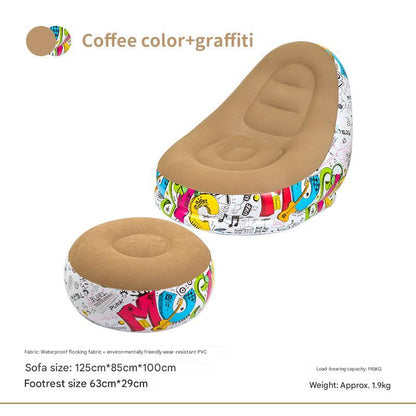 Coffee Graffiti Portable Inflatable Sofa Chair with Ottoman - Waterproof Flocked Lazy Sofa for Camping and Home Use