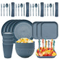 Four-person Set Blue Eco-Friendly Wheat Straw Dinnerware Set,  Plate, Bowl, Cup & Utensil Set - Lightweight, Reusable, and Durable for Home, School, and Travel