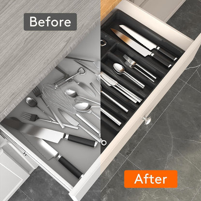 Black Adjustable Polypropylene Kitchen Drawer Organizer – 8 Compartments, Large Capacity, Easy to Clean