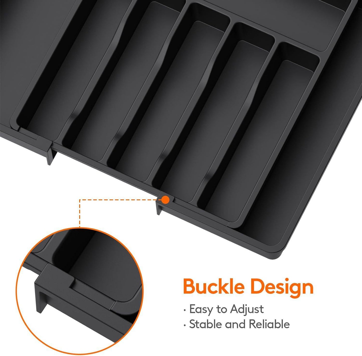 Black Adjustable Polypropylene Kitchen Drawer Organizer – 8 Compartments, Large Capacity, Easy to Clean