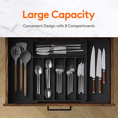 Grey Adjustable Polypropylene Kitchen Drawer Organizer - 8 Compartments, Large Capacity, Easy to Clean