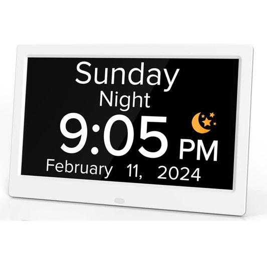 White 10.1-Inch Digital Clock with Medication Reminders & Multi-Function Alarm - Ideal for Elderly Care