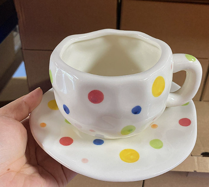 Colorful Polka Dots 300ML Underglaze Hand-Pinched Cup and Saucer Set - Ceramic Coffee Mug Milk Cup Breakfast Set