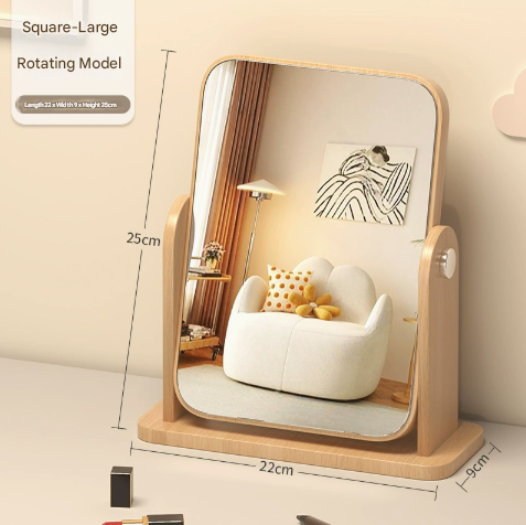 Square Rotating Mirror Tabletop Makeup Mirror - Large Wooden Swivel Vanity Mirror for Desk
