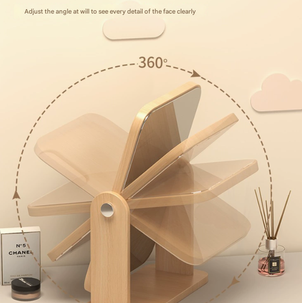 Square Rotating Mirror Tabletop Makeup Mirror - Large Wooden Swivel Vanity Mirror for Desk