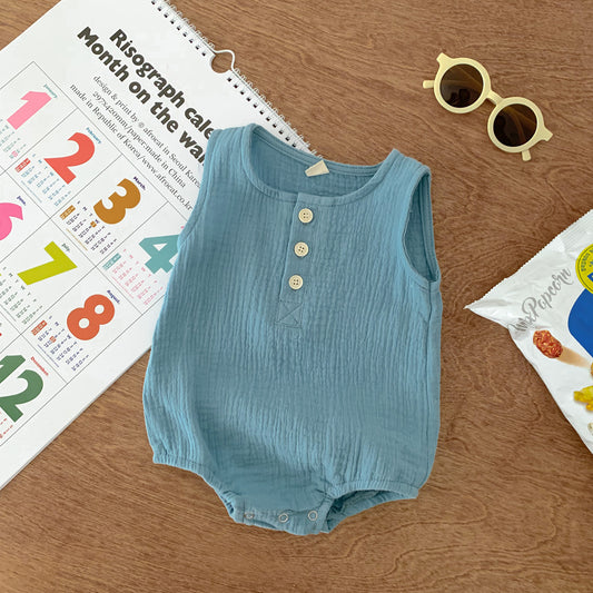 100cm Blue Sleeveless Bubble Cotton Baby Romper - Soft Newborn Onesie for Boys and Girls, 0-2 Years