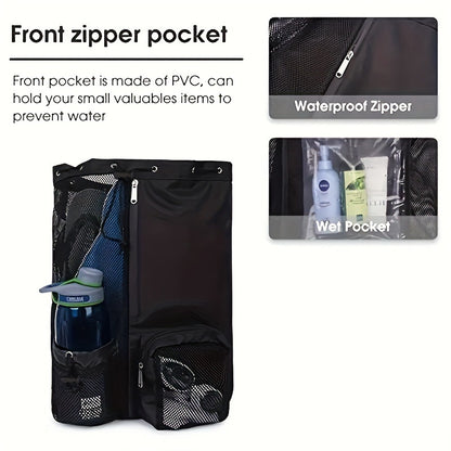 Light Grey Mesh Drawstring Swim Backpack with Wet Bag - Durable Beach Gym Bag for Wet Gear