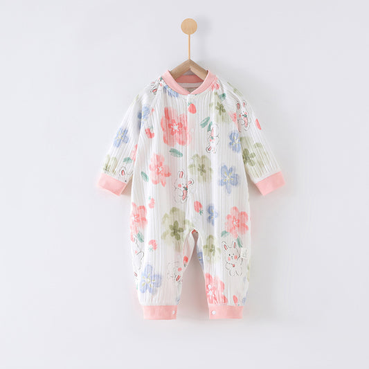 90 Size Rabbit Among Flowers Class A Pure Cotton Long-Sleeve Baby Onesie - Cozy Newborn Bodysuit for Fall and Winter