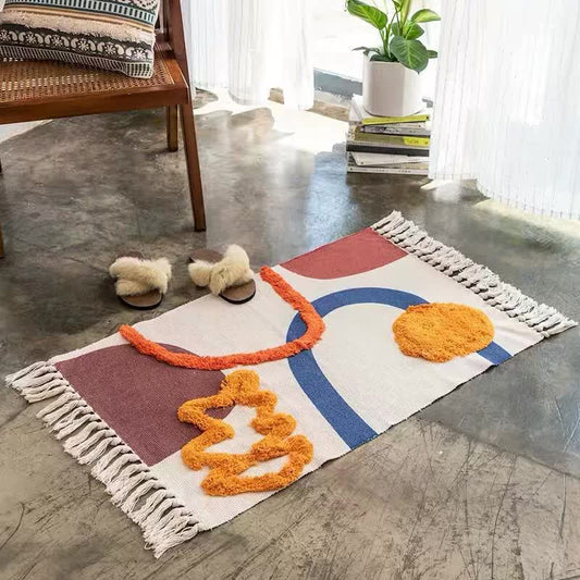 Handwoven Cotton Tassel Floor Rug for Bedroom or Living Room|Soft, Modern Geometric Design,60x90cm