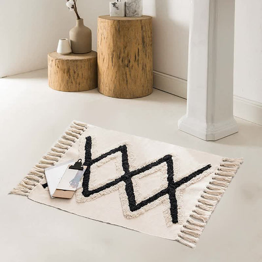 Handwoven Cotton Tassel Floor Rug for Bedroom or Living Room|Soft, Modern Geometric Design,60x90cm