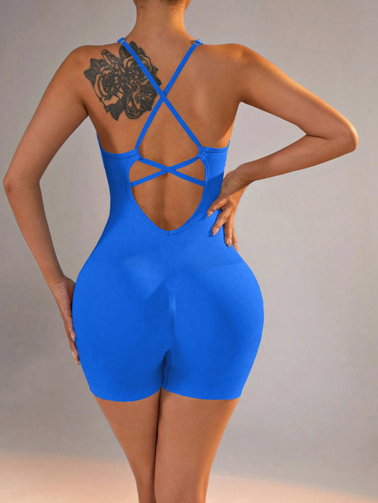 Size S Royal Blue Nylon Seamless Yoga Bodysuit - Women's Athletic Romper, Crisscross Back, Workout Jumpsuit
