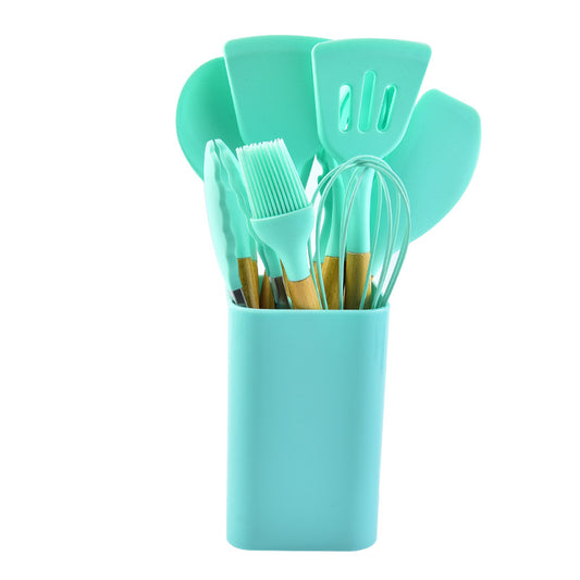 Light Green 12-Piece Silicone Kitchen Utensil Set with Beechwood Handles & Holder