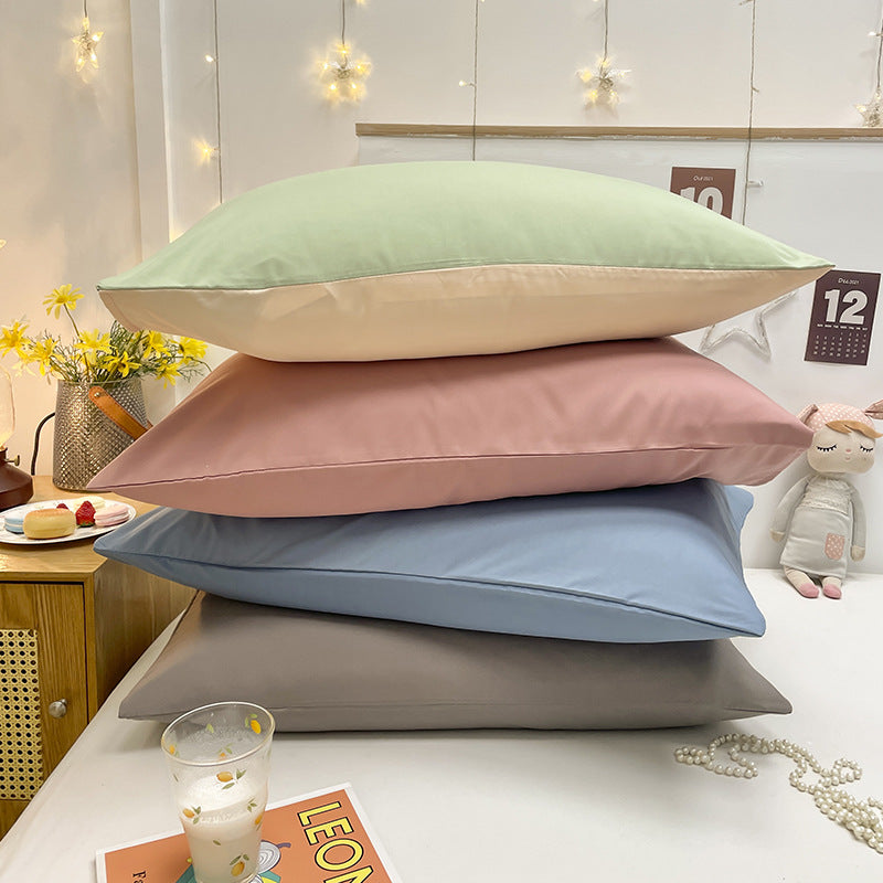 Green And Yellow Washed Cotton Pillowcase Set - Solid Color, Simple Two-Tone Design, 48x74cm (Pair)