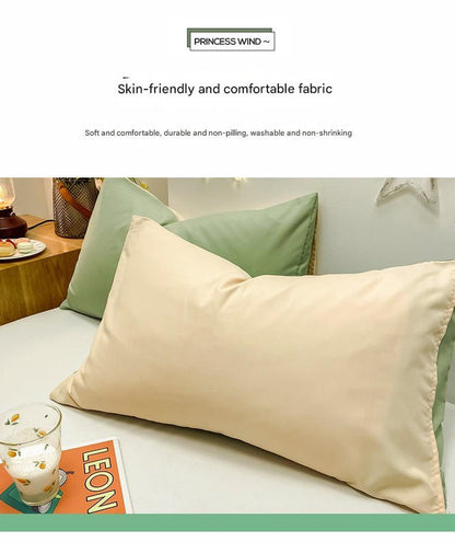 Green And Yellow Washed Cotton Pillowcase Set - Solid Color, Simple Two-Tone Design, 48x74cm (Pair)