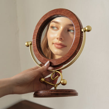Silver and Brown Vintage Solid Wood Makeup Mirror - 360° Rotation Desktop Vanity Mirror