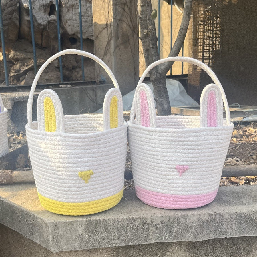 Yellow And White Stitching Charming Easter Egg Tote Basket - Cute Rabbit-Themed Handwoven Cotton Rope Candy Holder
