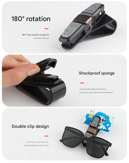 6 Pcs Light Gold Luxury Rhinestone Car Sun Visor Glasses Clip - Multi-Functional, 180° Rotatable, ABS Material