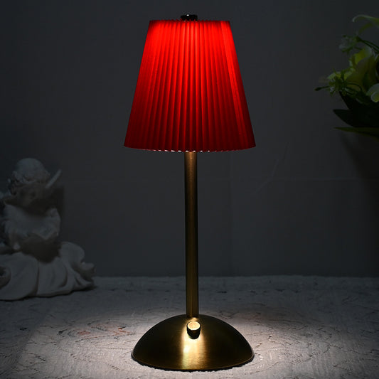 Red Elegant Pleated Fabric Table Lamp - 3-Color LED, USB Rechargeable, Touch Dimming