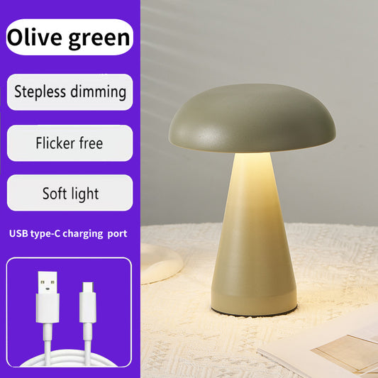 Olive Green Metal Mushroom Table Lamp - Rechargeable Touch Control Ambient Light with Remote