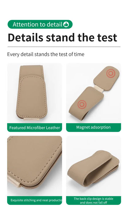 2 Pcs Beige PU Leather Car Visor Sunglasses Holder - Multi-Functional Clip for Glasses, Cards & Tickets, 9.5x4.5cm