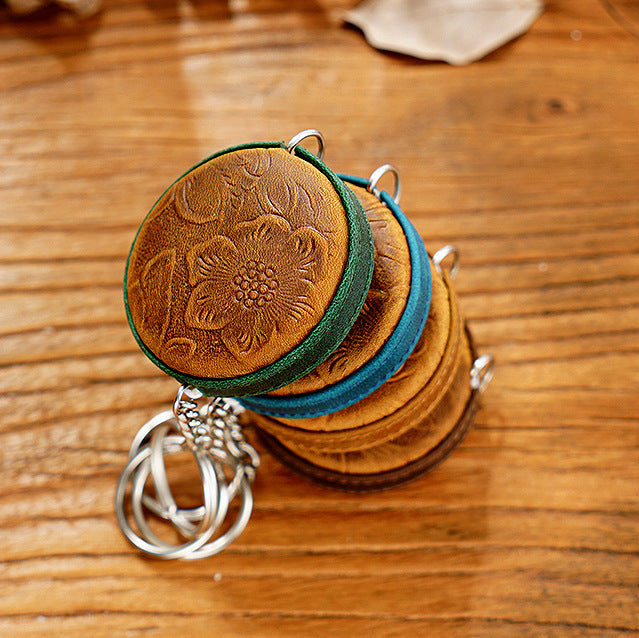 Dark Green Side Band Mini Leather Tape Measure - 1.5m/60in - Round With Hook And Pattern