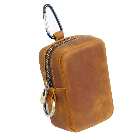 Brown Genuine Leather Belt Pouch - Mini Waist Bag with Zipper and Carabiner