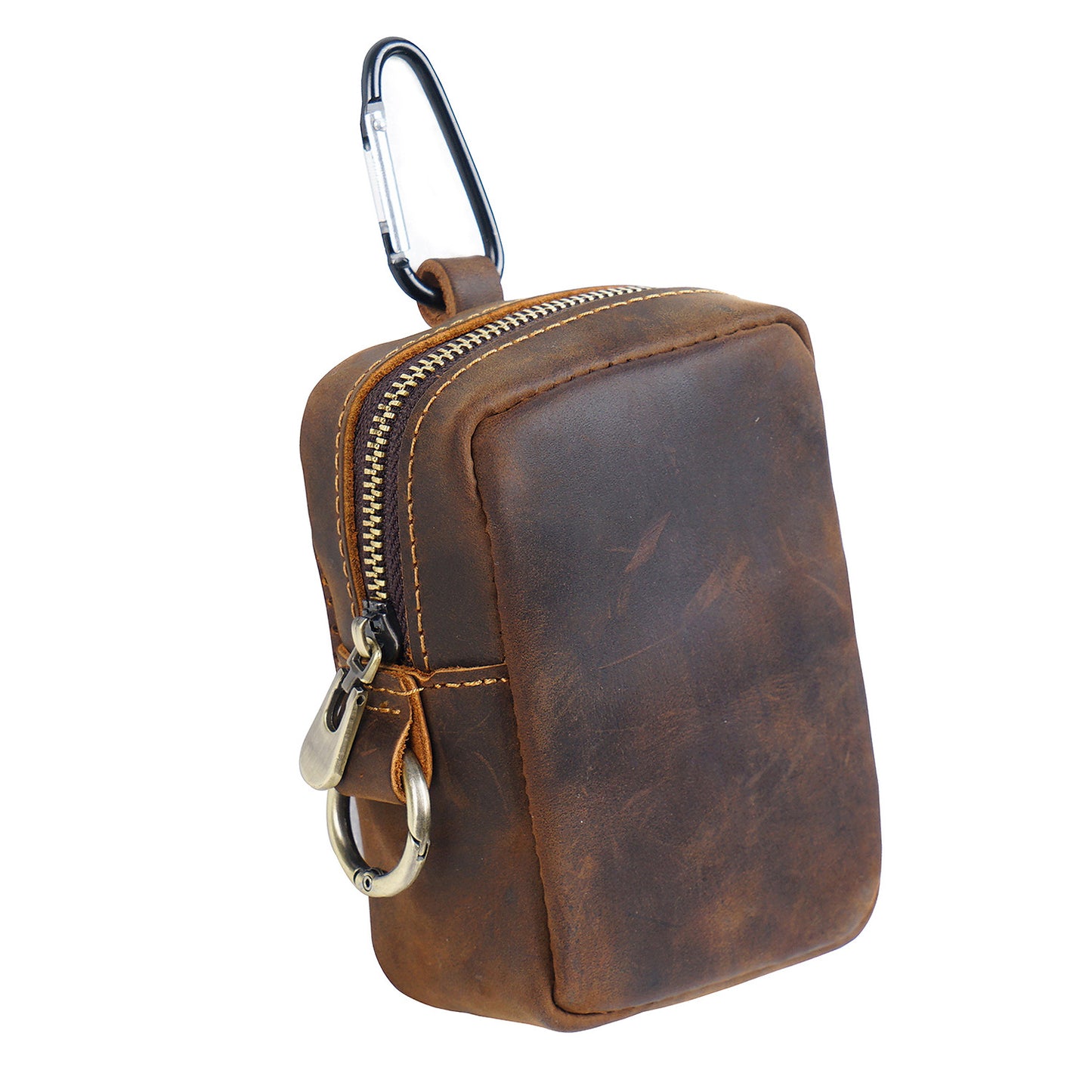 Coffee Genuine Leather Belt Pouch - Mini Waist Bag with Zipper and Carabiner