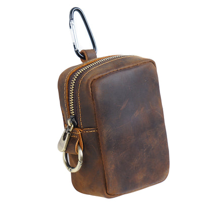 Coffee Genuine Leather Belt Pouch - Mini Waist Bag with Zipper and Carabiner
