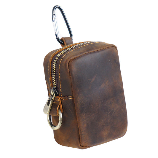 Coffee Genuine Leather Belt Pouch - Mini Waist Bag with Zipper and Carabiner
