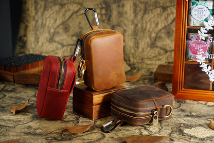 Coffee Genuine Leather Belt Pouch - Mini Waist Bag with Zipper and Carabiner