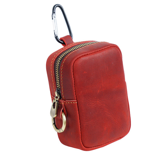 Wine Red Genuine Leather Belt Pouch - Mini Waist Bag with Zipper and Carabiner