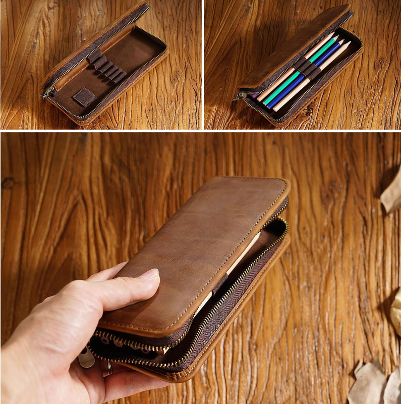 Brown Genuine Leather Pencil Case - Vintage Zip-Up Pen Holder with Elastic Loops