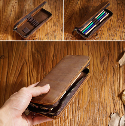 Brown Genuine Leather Pencil Case - Vintage Zip-Up Pen Holder with Elastic Loops