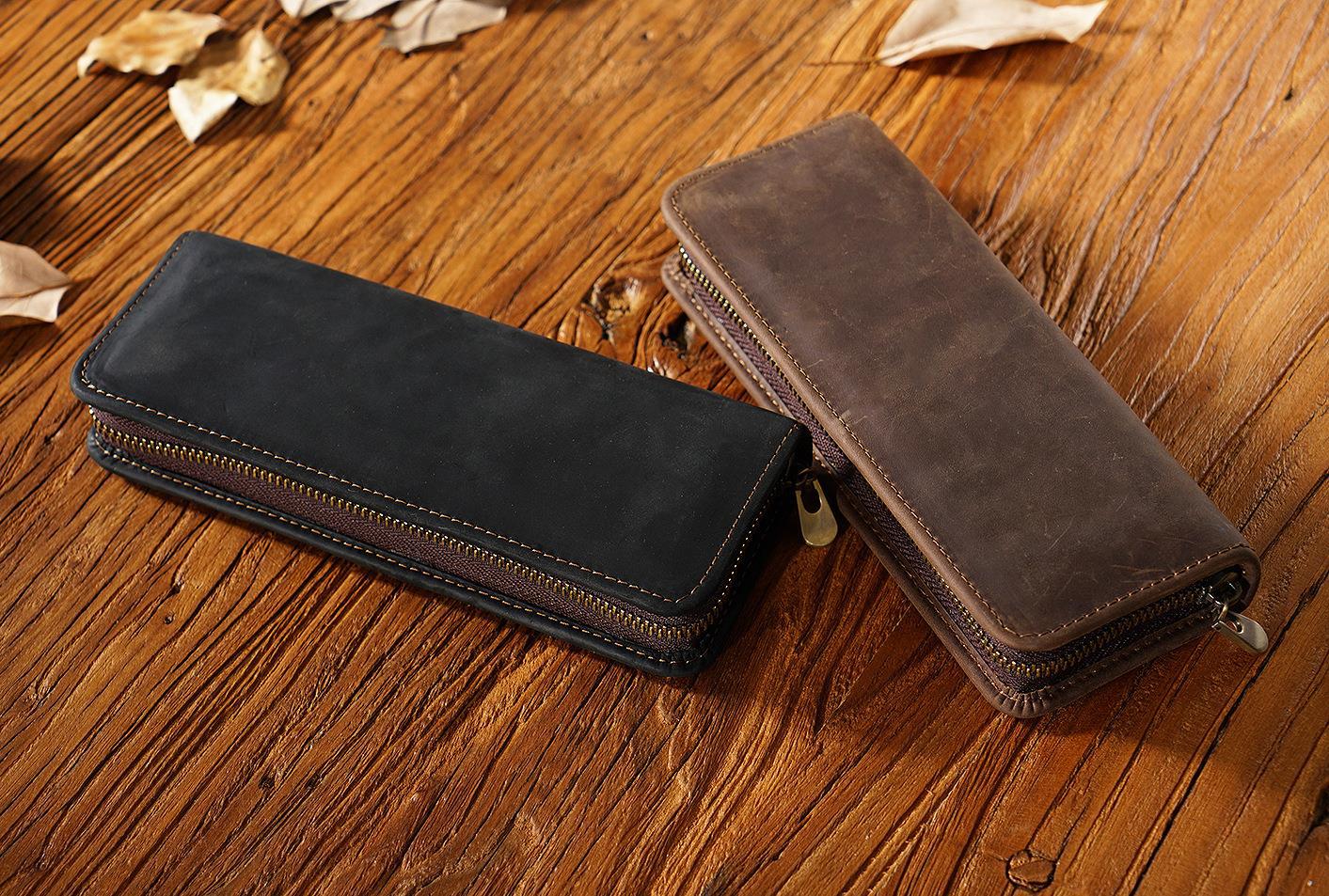 Wine Red Genuine Leather Pencil Case - Vintage Zip-Up Pen Holder with Elastic Loops