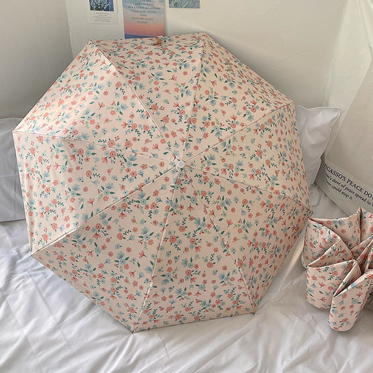 Little Red Flower Mini 5-Fold Umbrella - Portable, Anti-UV, Black Glue Coating