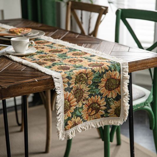2 PCS Sunflower Table Runner with Fringe - Jacquard Woven Cotton Blend (30x120cm)